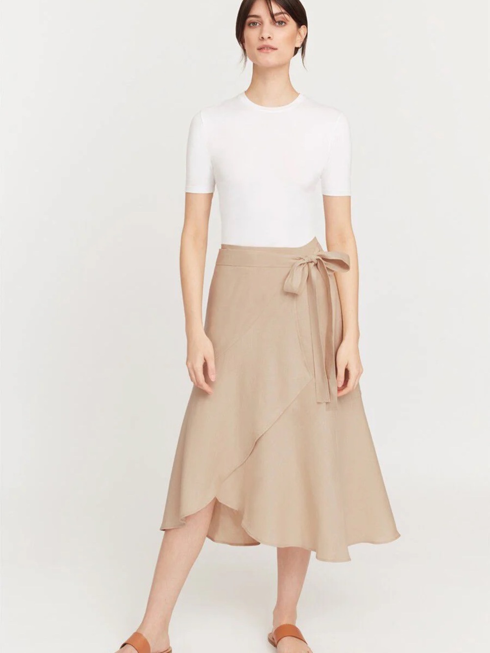 Cuyana Sand Linen Ruffle Wrap Midi Skirt with Tie Waist